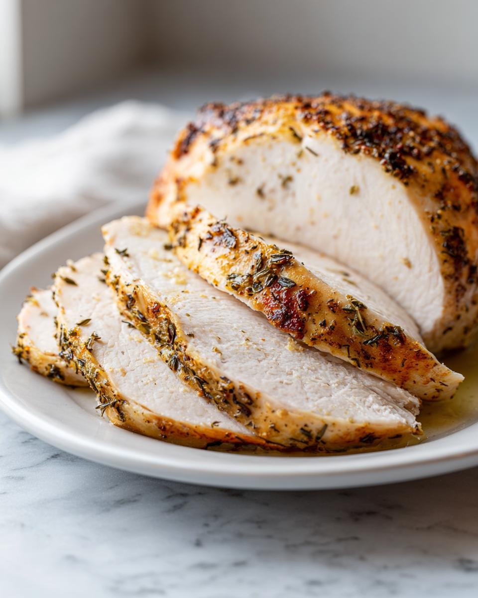 Close-up of juicy, sliced crockpot turkey breast seasoned with herbs on a white plate.