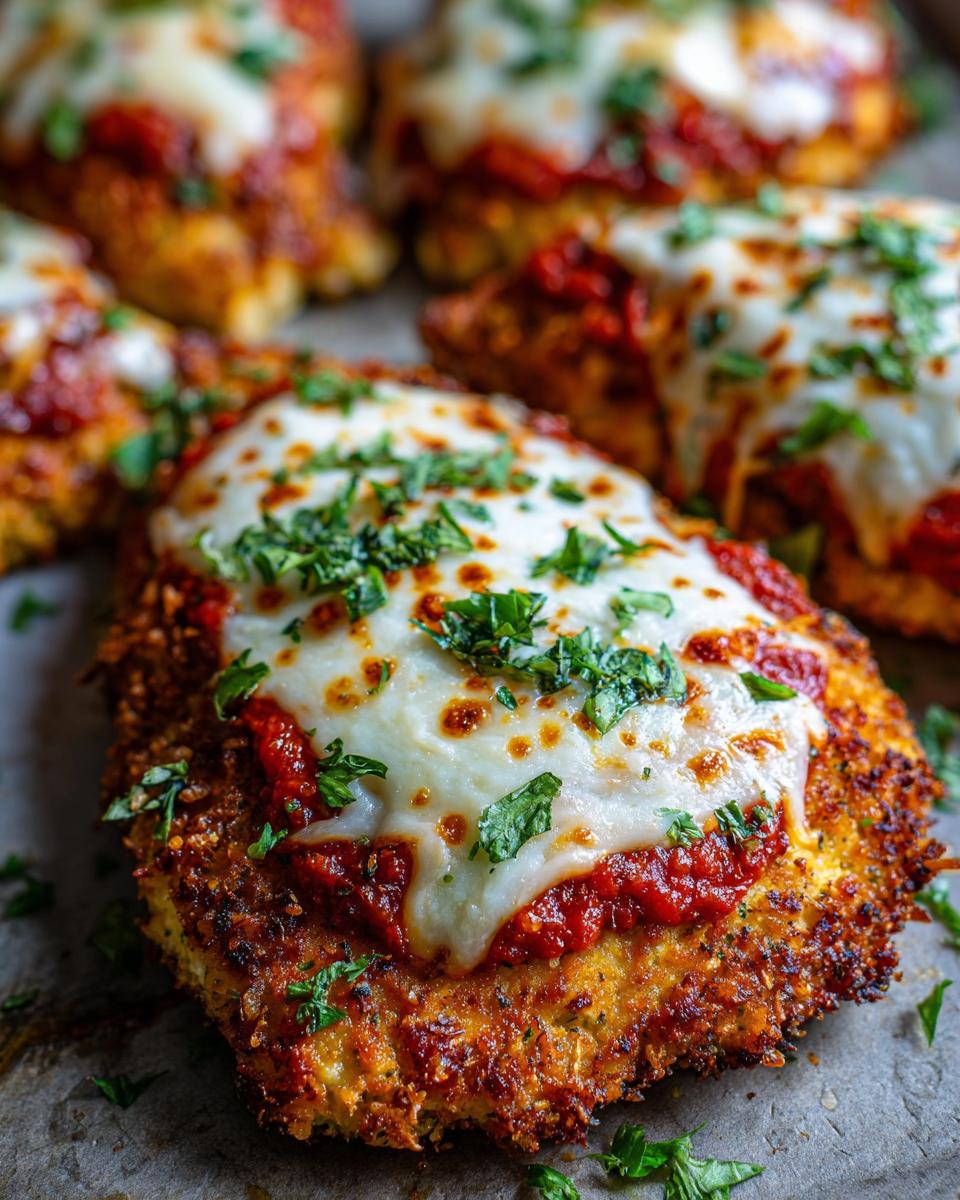 Close-up of a piece of crispy keto chicken parmesan topped with marinara sauce and melted mozzarella cheese, garnished with parsley.