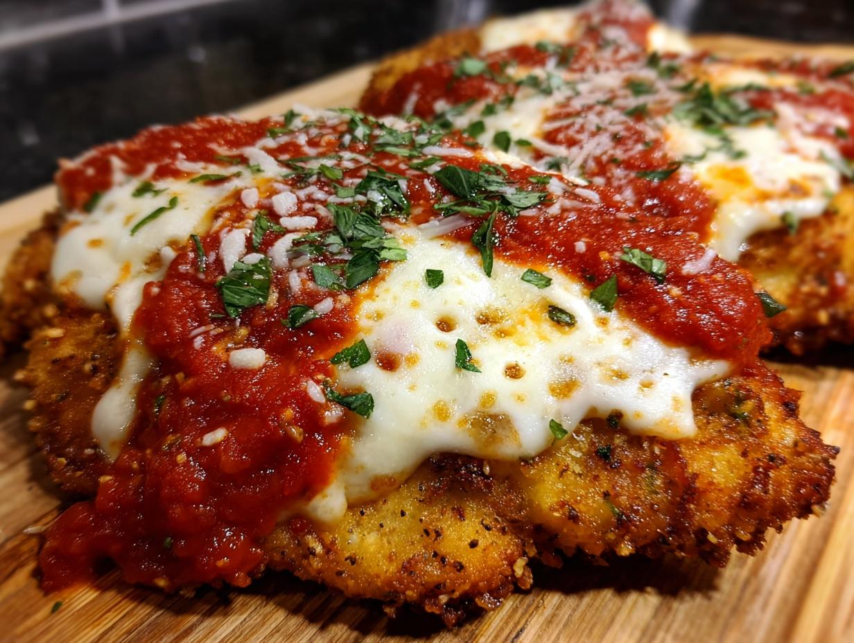 Close-up of a crispy, breaded cutlet topped with melted mozzarella, marinara sauce, and fresh parsley, representing keto chicken parmesan.