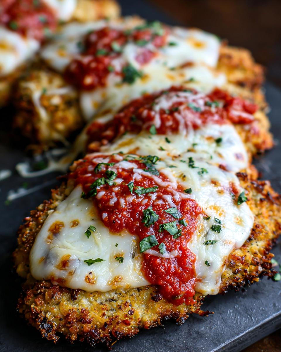 Close-up of three breaded keto chicken parmesan cutlets topped with melted mozzarella, marinara sauce, and fresh parsley.