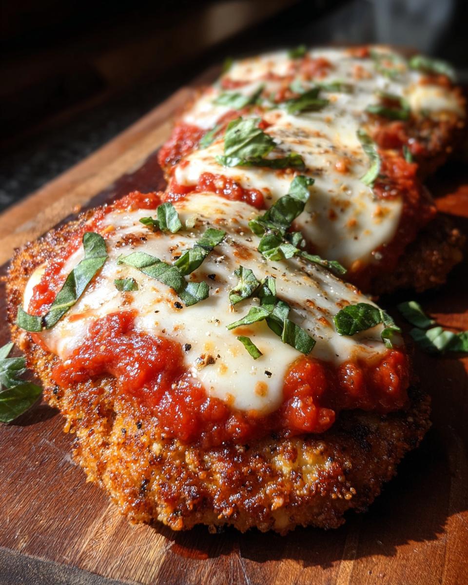Close-up of crispy keto chicken parmesan topped with melted mozzarella, marinara sauce, and fresh basil.