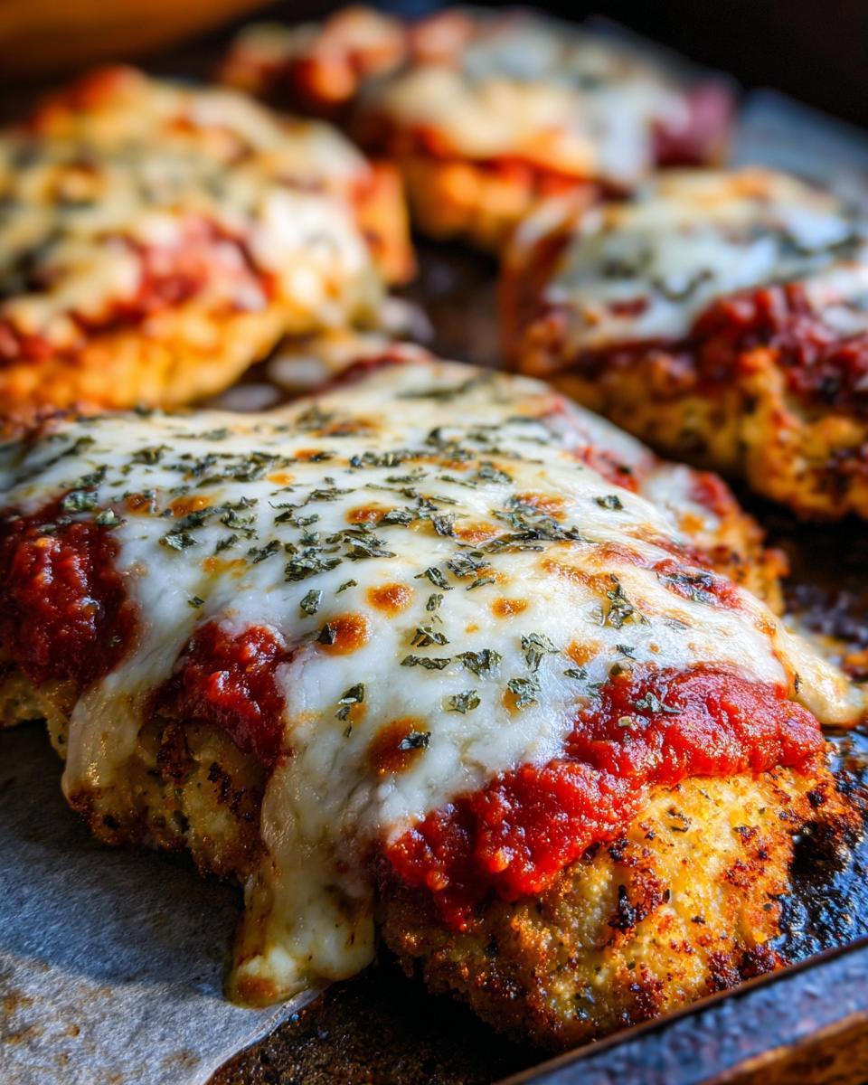 Close-up of a baked keto chicken parmesan cutlet topped with melted mozzarella cheese and marinara sauce.