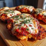 Close-up of a freshly baked keto chicken parmesan cutlet topped with melted mozzarella, marinara sauce, and parsley.