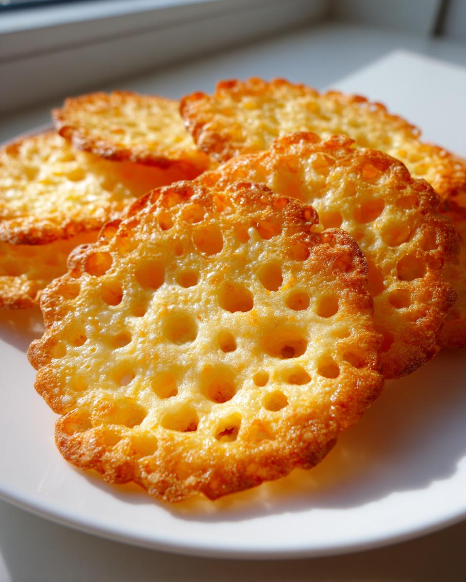 Close-up of several golden, crispy, lacy cheese crackers piled on a white plate.