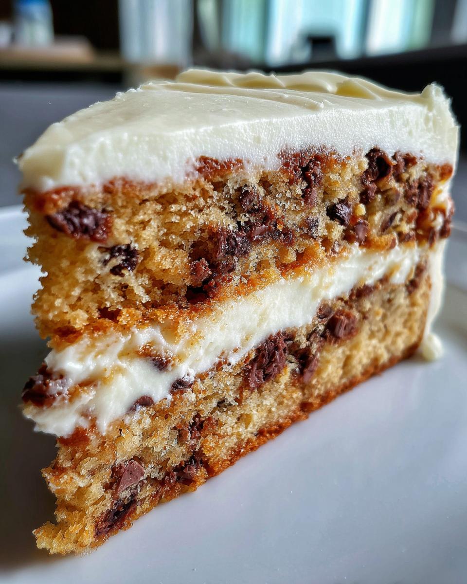 Close-up of a thick slice of layered cookie cake recipe with chocolate chips and white frosting.