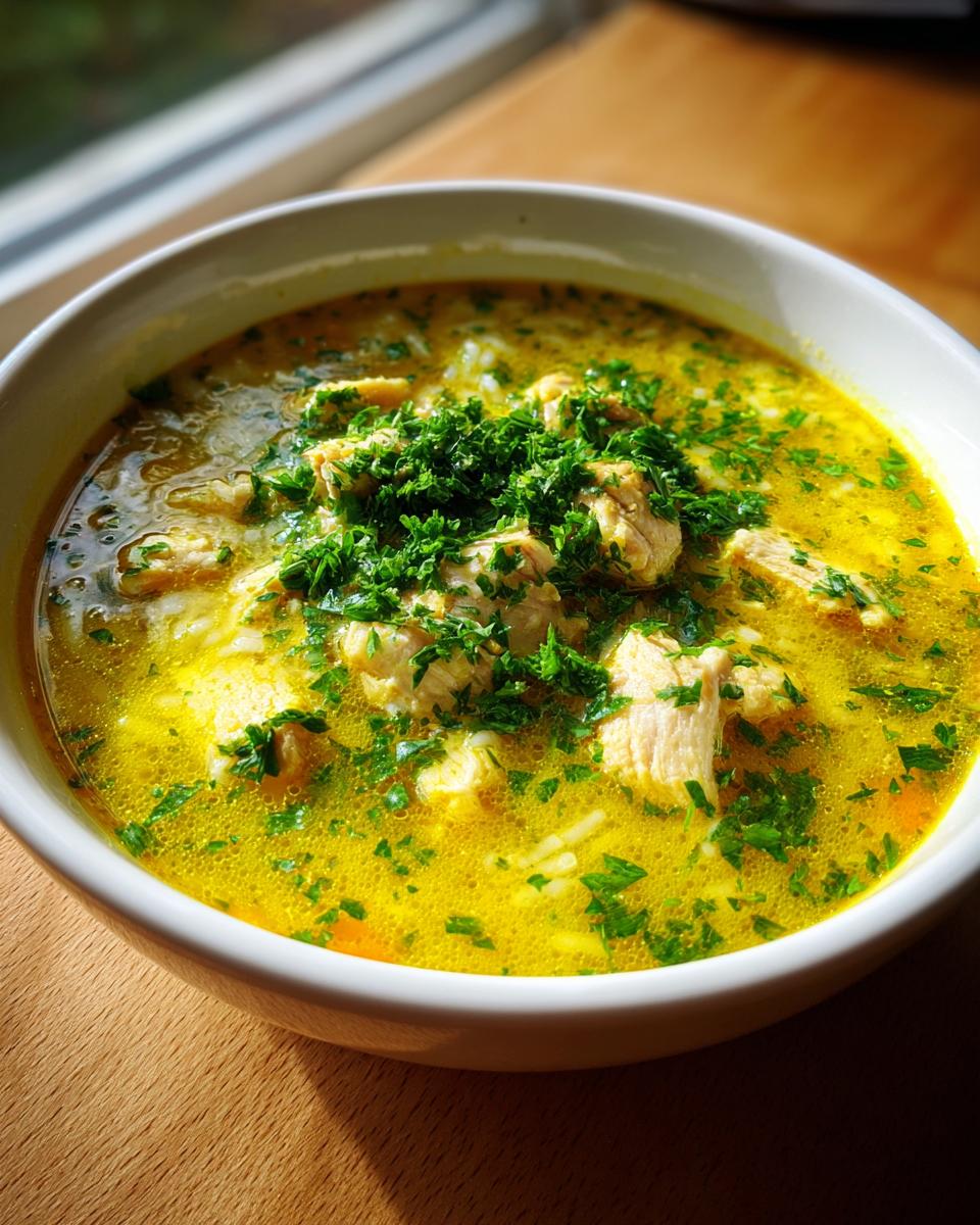 Close-up of a vibrant yellow bowl of Lemon Ginger Turmeric Chicken and Rice Soup topped with fresh parsley.