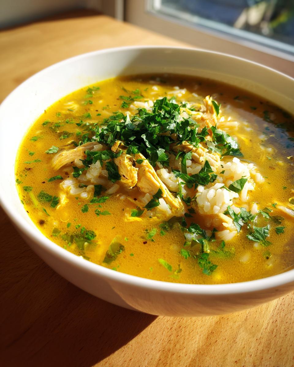 A close-up of a white bowl filled with vibrant yellow Lemon Ginger Turmeric Chicken and Rice Soup, topped with shredded chicken, rice, and fresh parsley.