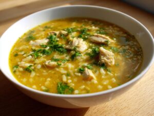 Close-up of a white bowl filled with vibrant yellow Lemon Ginger Turmeric Chicken and Rice Soup, topped with fresh parsley.