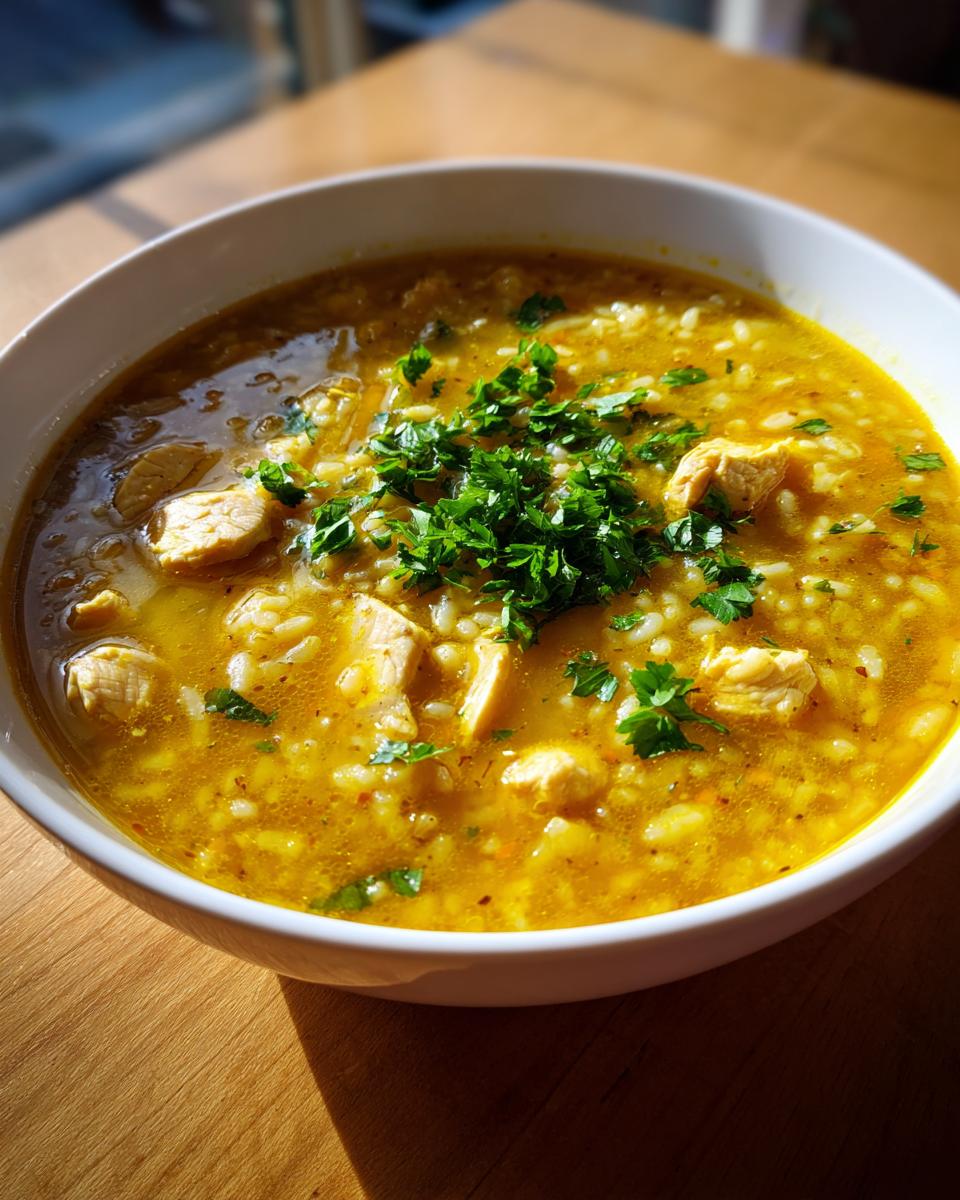 Close-up of a white bowl filled with vibrant yellow Lemon Ginger Turmeric Chicken and Rice Soup, garnished with fresh parsley.