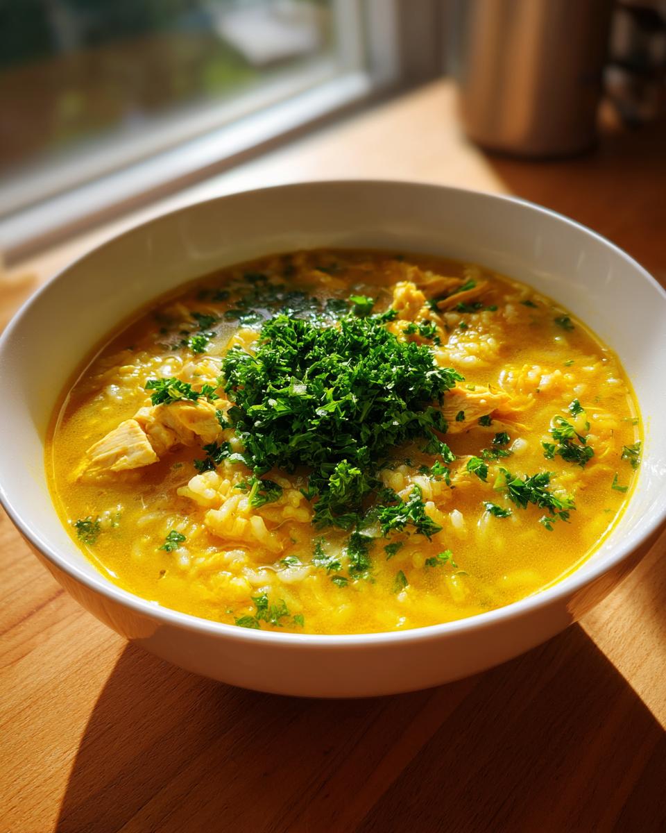 Close-up of a vibrant bowl of Lemon Ginger Turmeric Chicken and Rice Soup topped with fresh parsley.