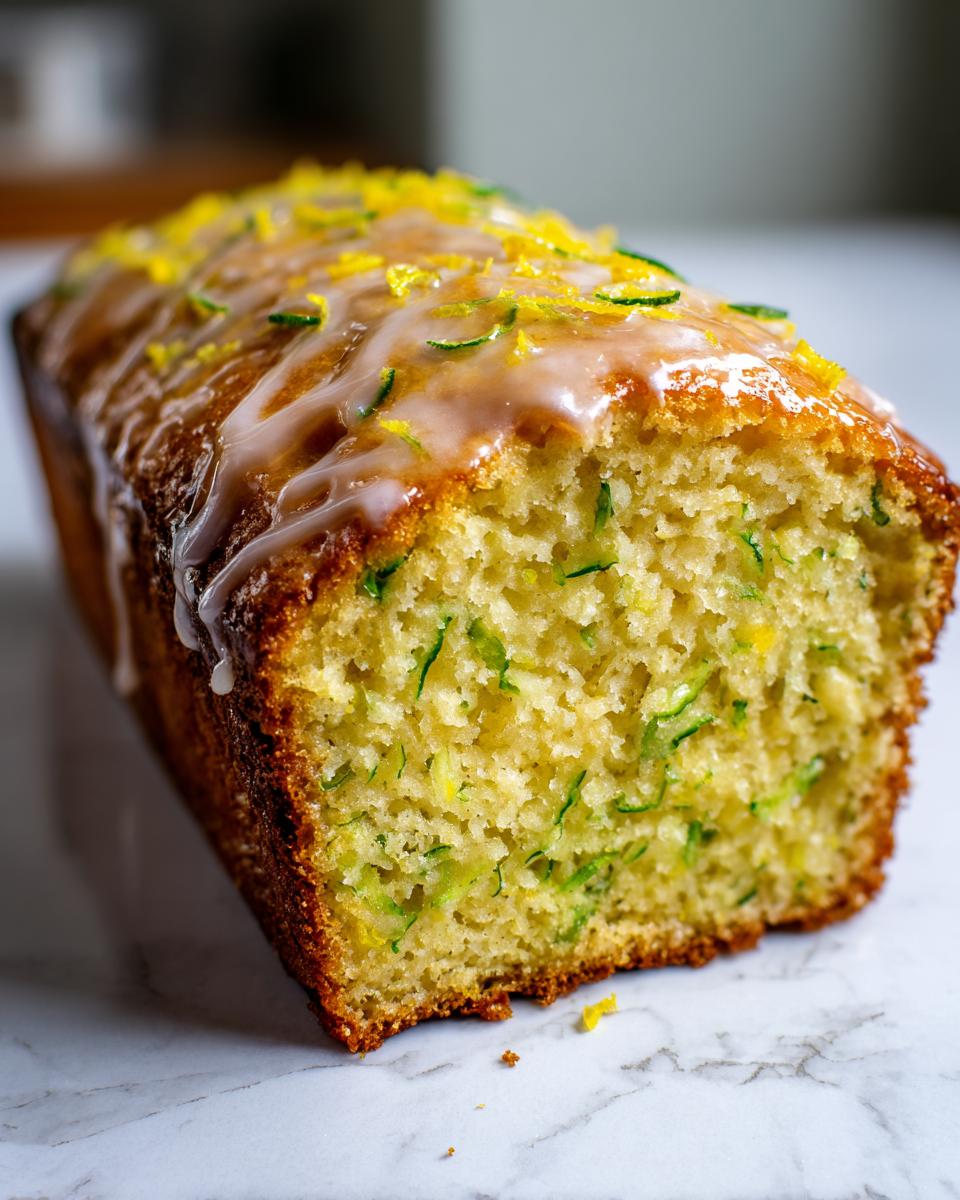 Close-up of a loaf of moist lemon zucchini bread, topped with a shiny glaze and lemon zest.