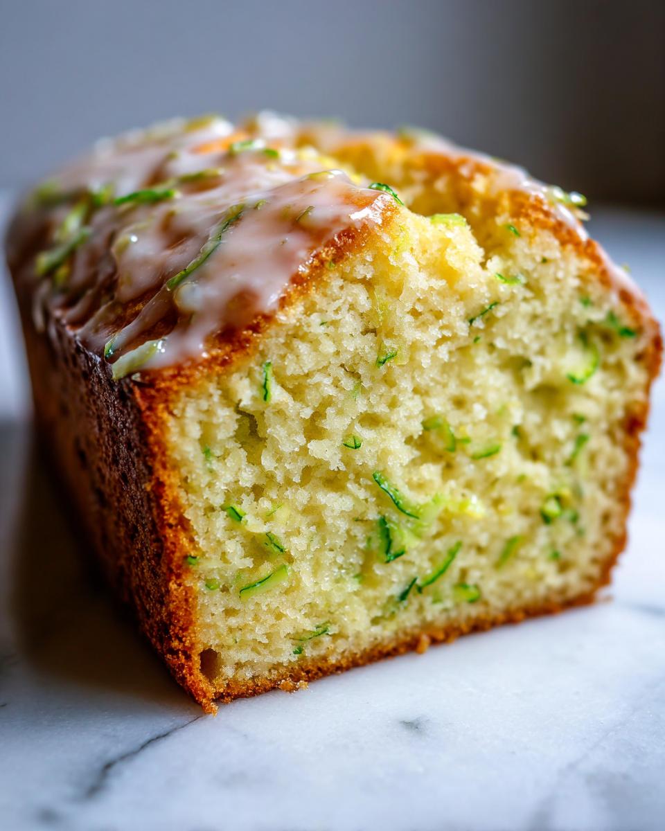 Close-up of a slice of moist lemon zucchini bread showing green shreds of zucchini and a thick lemon glaze topping.