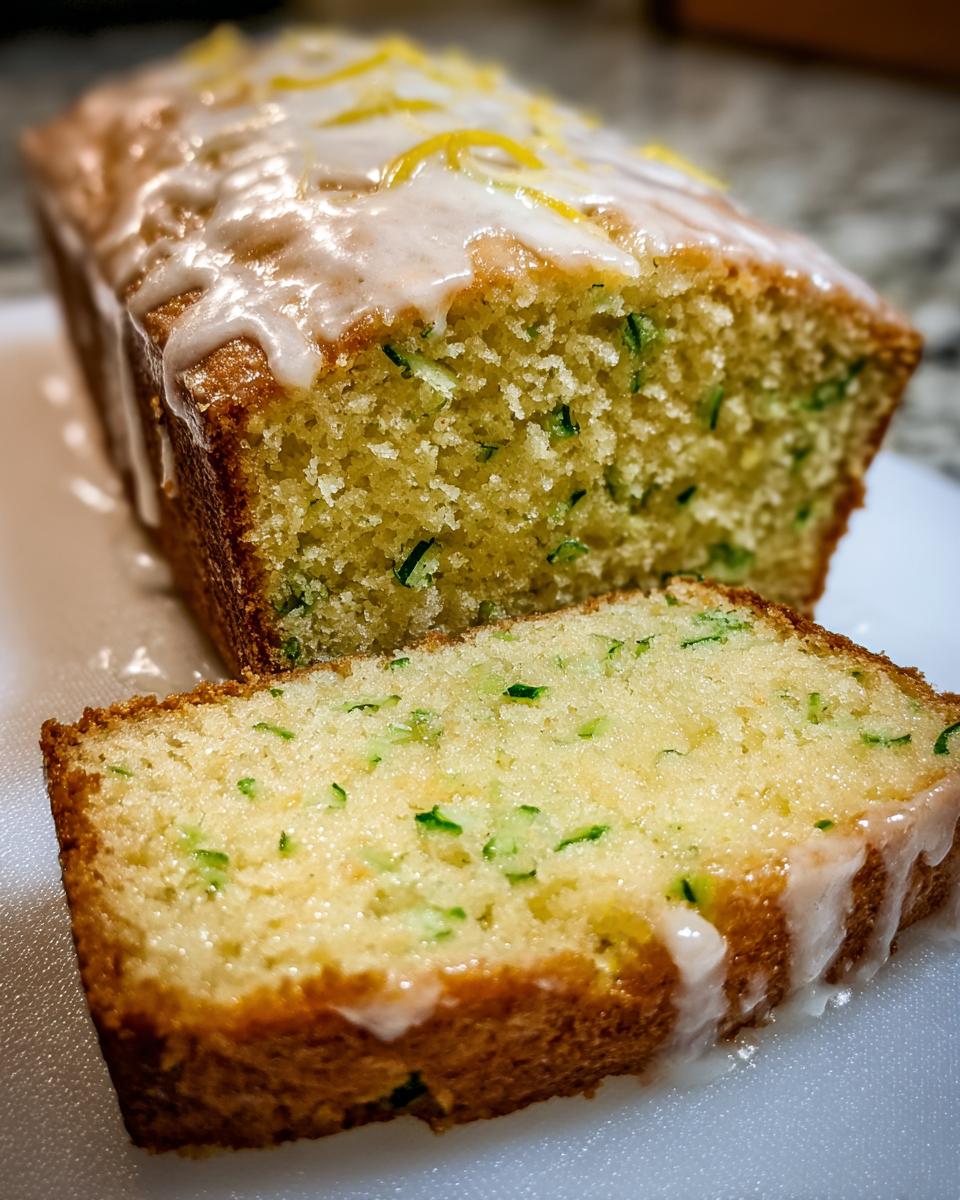 A slice cut from a loaf of moist lemon zucchini bread topped with a sweet glaze and lemon zest.