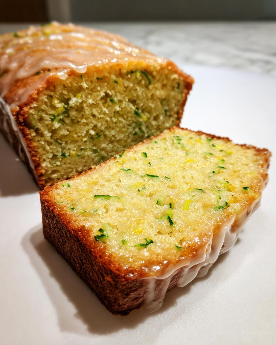 Close-up of a slice of moist lemon zucchini bread topped with a shiny glaze.