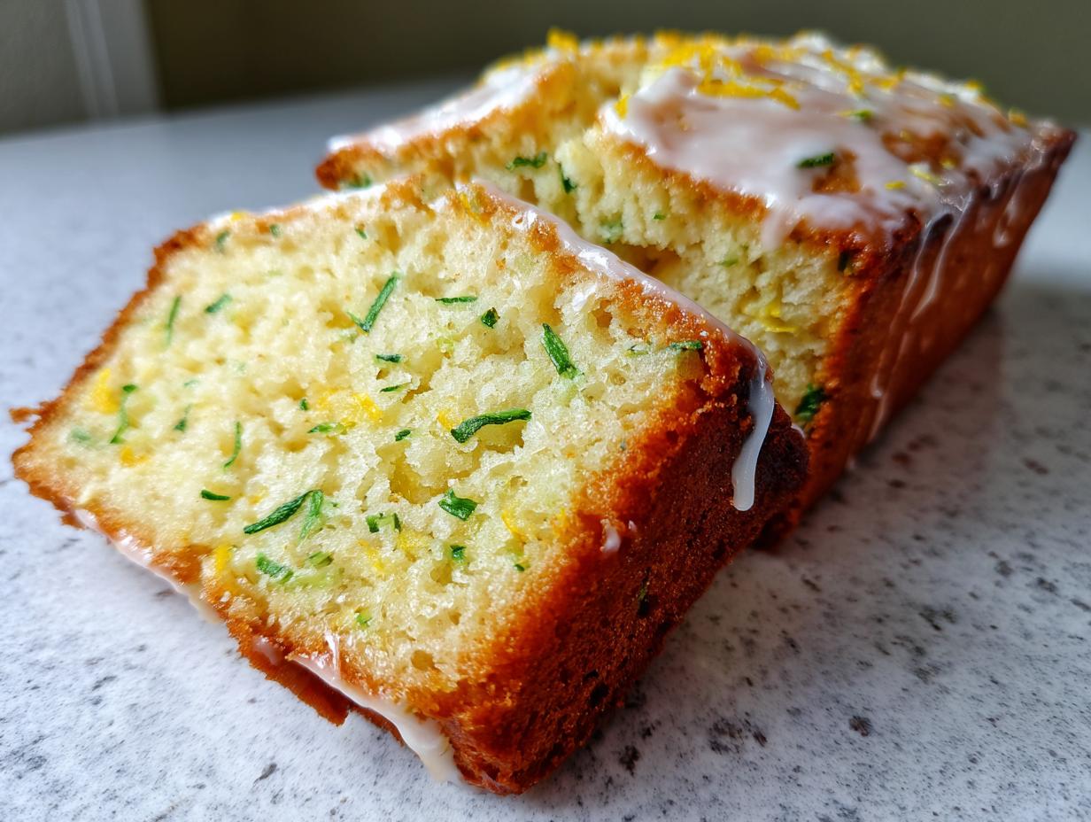 Close-up of sliced lemon zucchini bread showing moist crumb with green zucchini shreds and a thick lemon glaze.