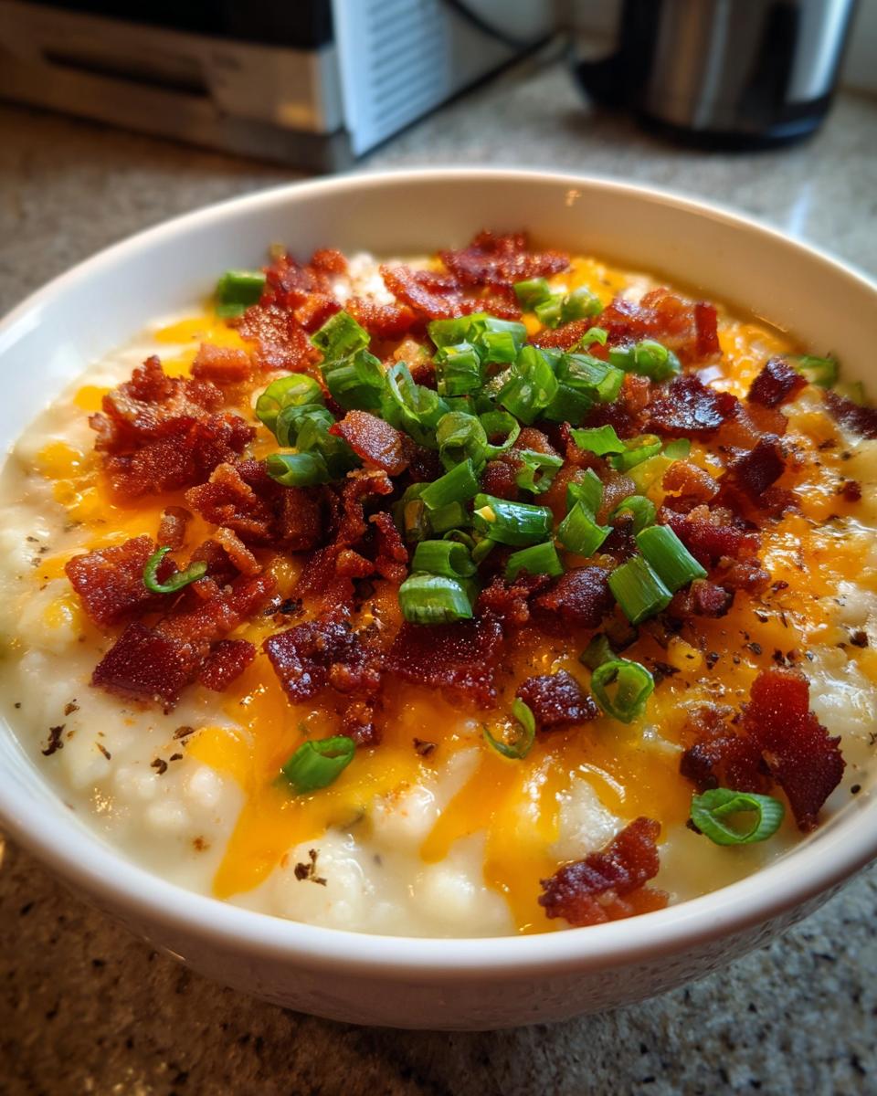 A close-up of a bowl of creamy loaded baked potato soup topped generously with melted cheddar cheese, crispy bacon bits, and fresh green onions.