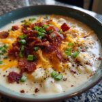 Close-up of a creamy bowl of loaded baked potato soup topped generously with shredded cheddar cheese, crispy bacon, and green onions.
