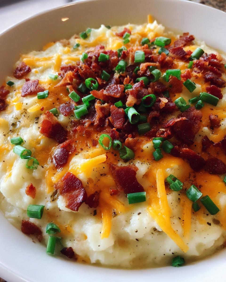 Close-up of creamy loaded baked potato soup topped generously with melted cheddar cheese, crispy bacon bits, and fresh green onions.