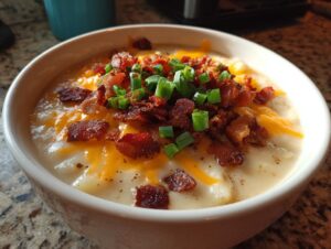 A close-up of a bowl of creamy loaded baked potato soup topped with cheddar cheese, bacon bits, and green onions.