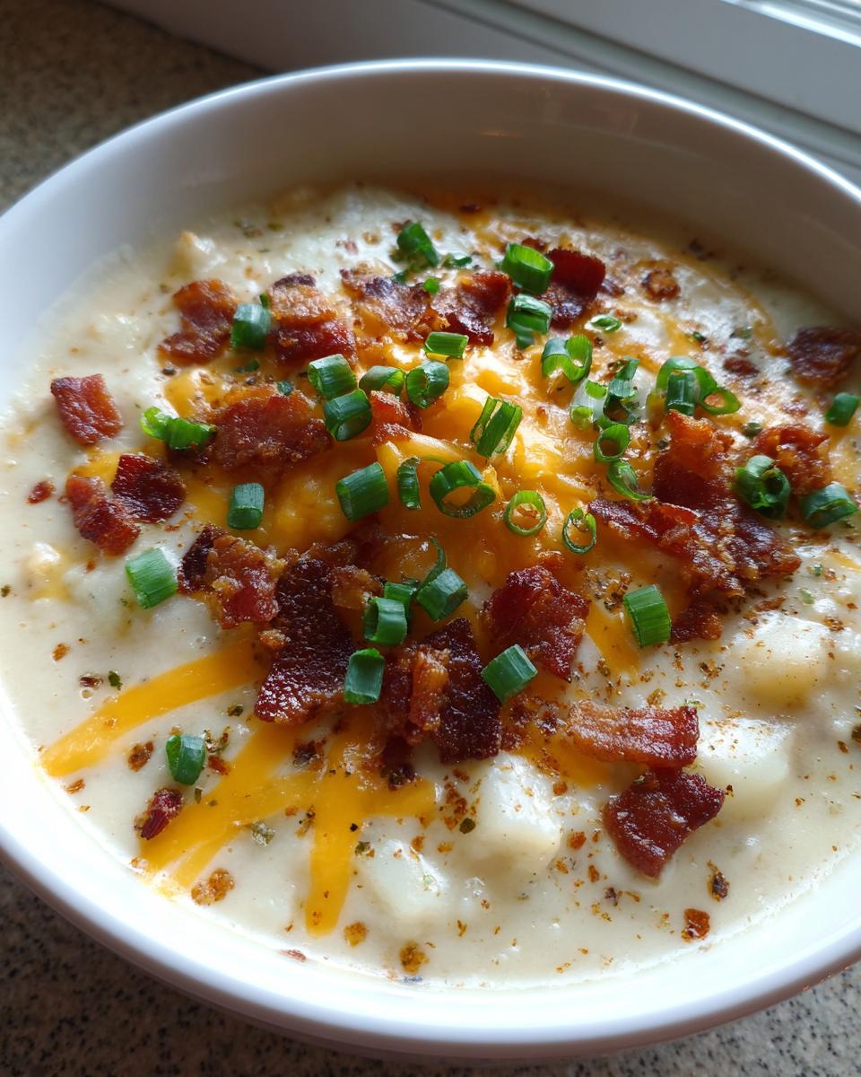 A close-up view of creamy loaded baked potato soup topped with melted cheddar cheese, crispy bacon bits, and fresh green onions.
