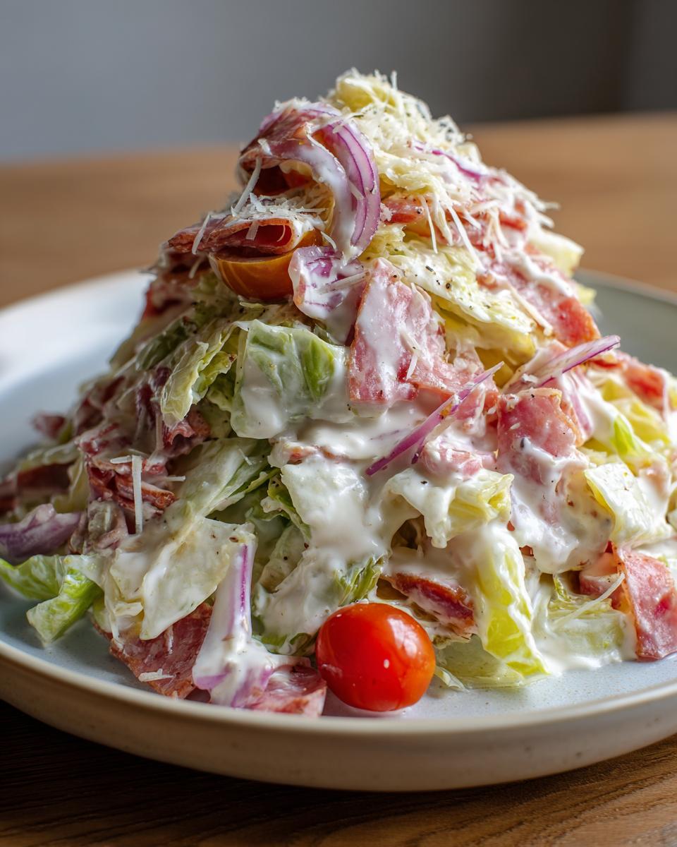 A tall mound of grinder salad featuring lettuce, meat, red onion, and a creamy dressing, topped with grated cheese.