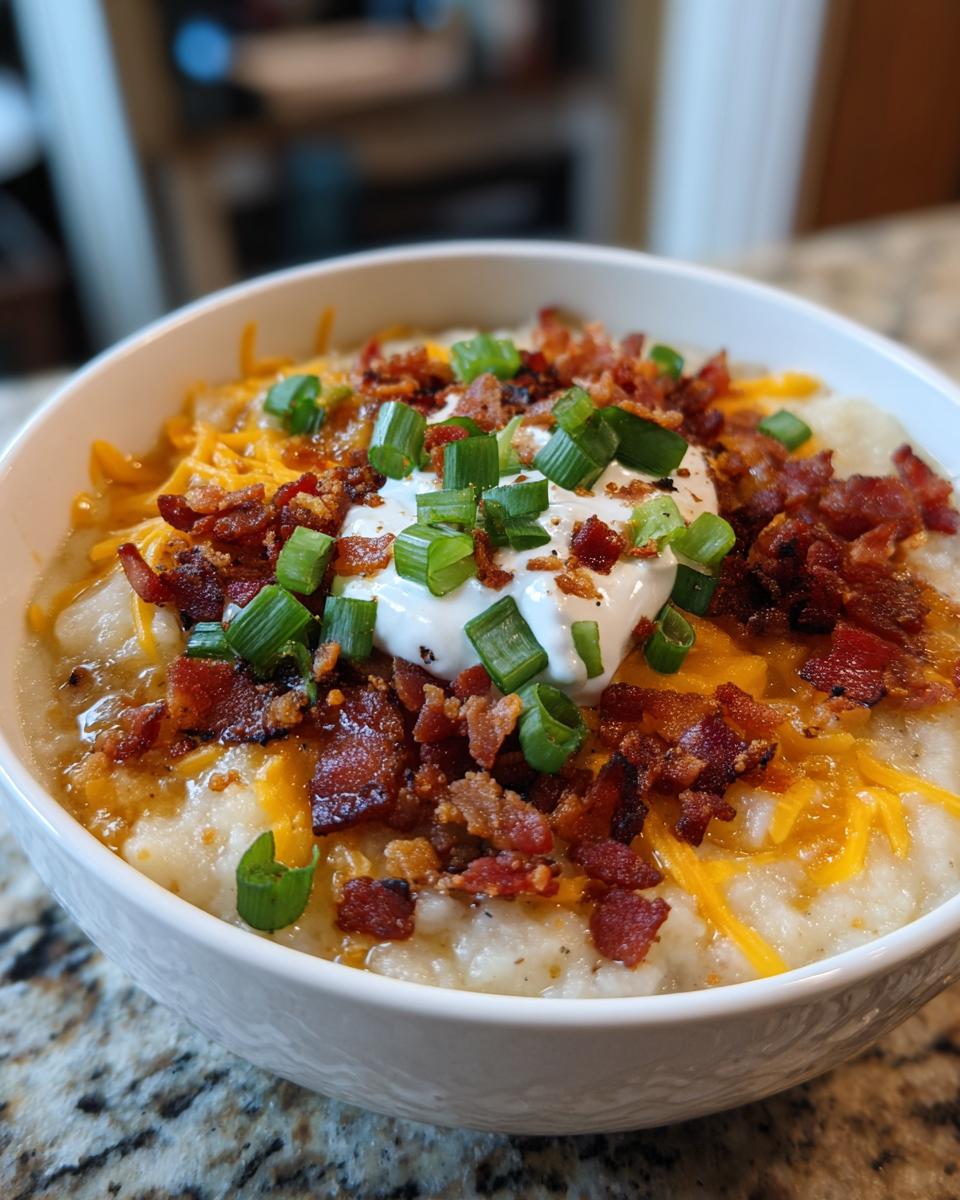 A close-up of a bowl of creamy potato soup recipe topped generously with shredded cheddar, crispy bacon bits, sour cream, and green onions.