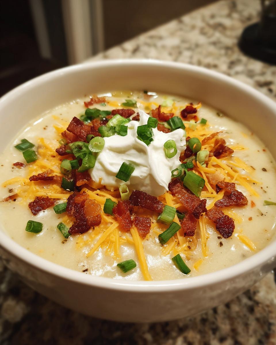 A creamy bowl of loaded potato soup recipe topped with cheddar cheese, bacon bits, sour cream, and green onions.
