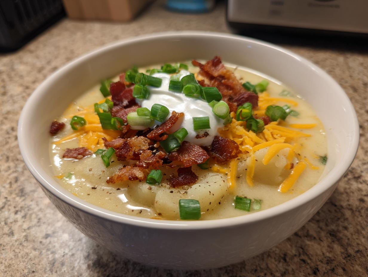 A creamy bowl of loaded potato soup recipe topped with bacon, cheese, sour cream, and green onions.