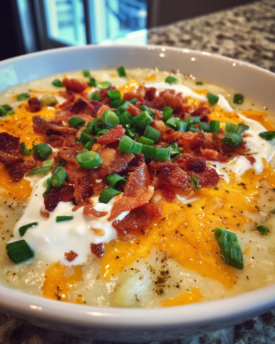 Close-up of a bowl of creamy potato soup recipe topped with sour cream, cheddar cheese, bacon bits, and green onions.