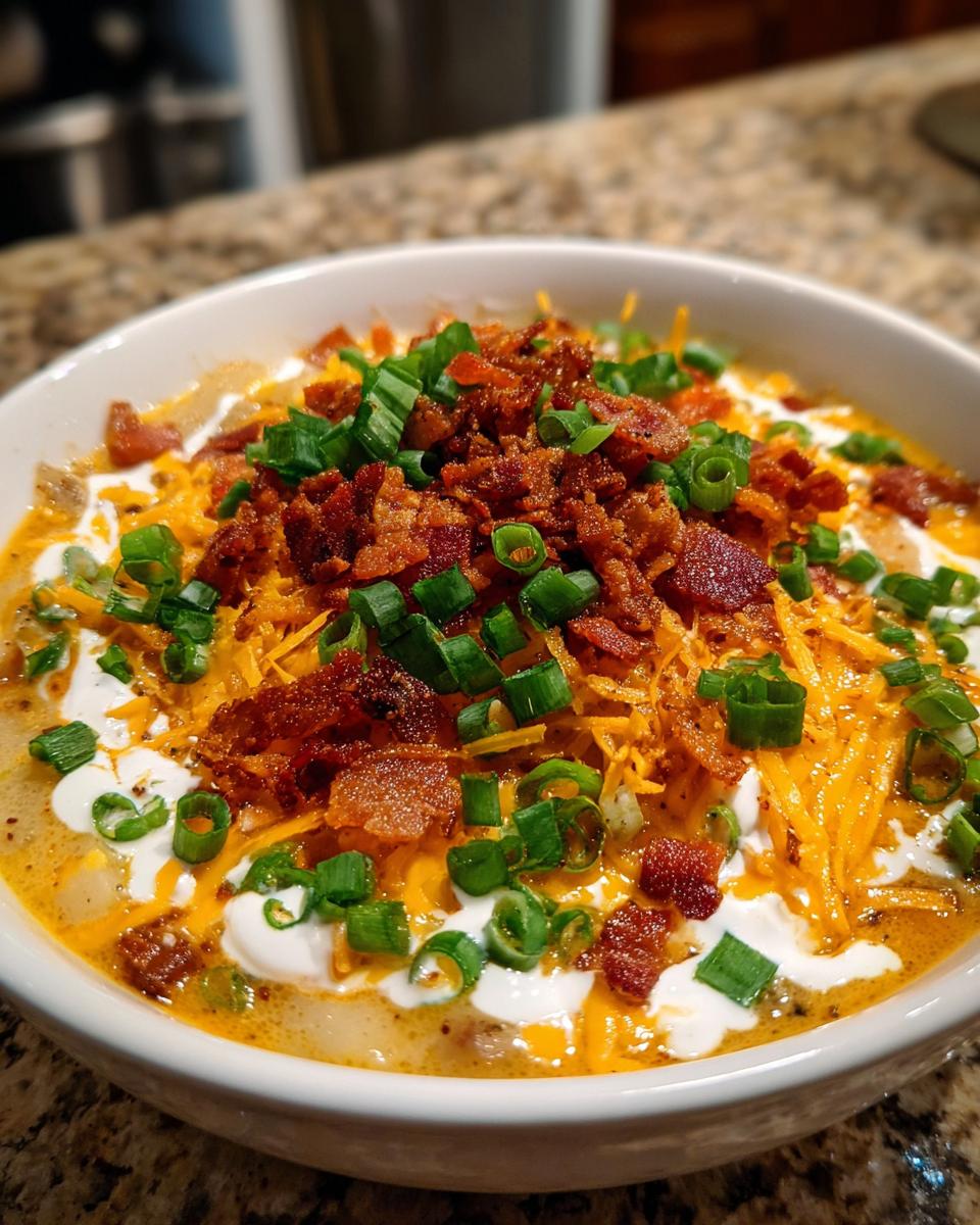 Close-up of a bowl of loaded potato soup recipe topped with shredded cheese, bacon bits, sour cream, and green onions.