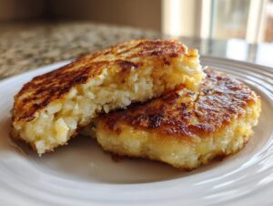 Two golden brown, pan-fried mashed potato cakes on a white plate, one broken open to show the fluffy interior.