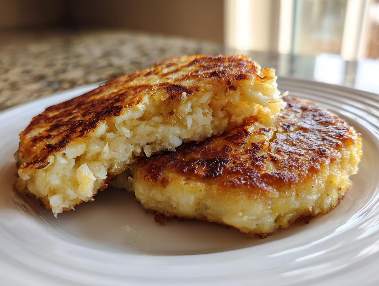 Two golden brown, pan-fried mashed potato cakes on a white plate, one broken open to show the fluffy interior.