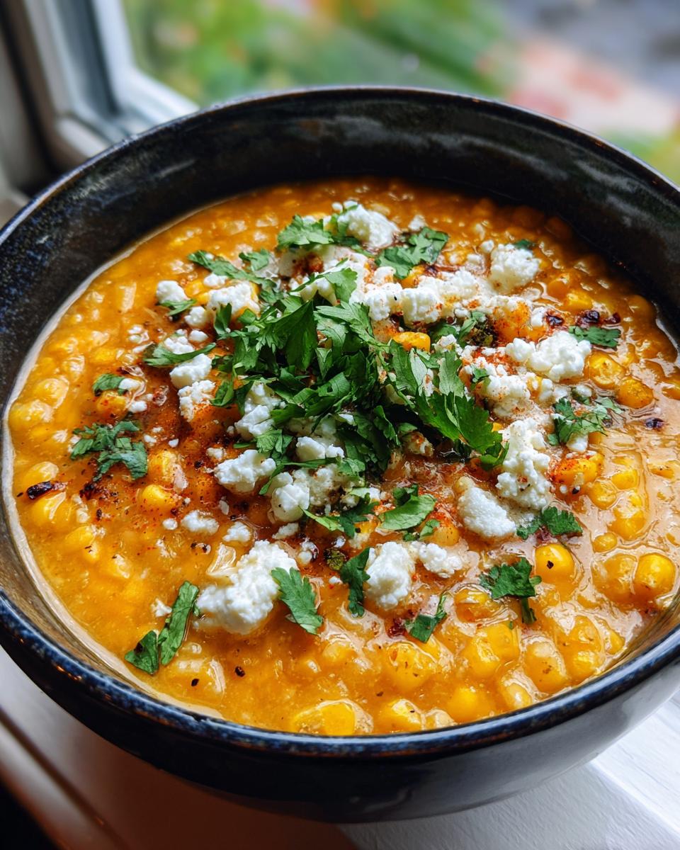 Close-up of a vibrant bowl of Mexican street corn soup topped generously with crumbled white cheese and fresh cilantro.