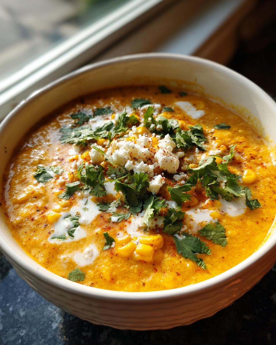Close-up of a rich, orange Mexican street corn soup topped with cotija cheese, cilantro, and cream.