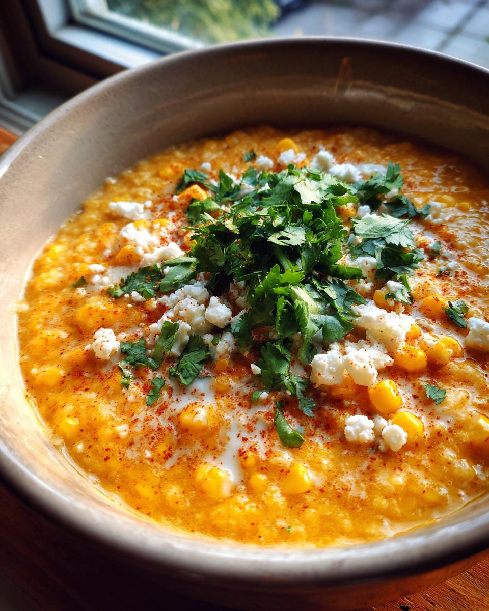 Close-up of a creamy, vibrant Mexican street corn soup topped with cotija cheese, cilantro, and chili powder.