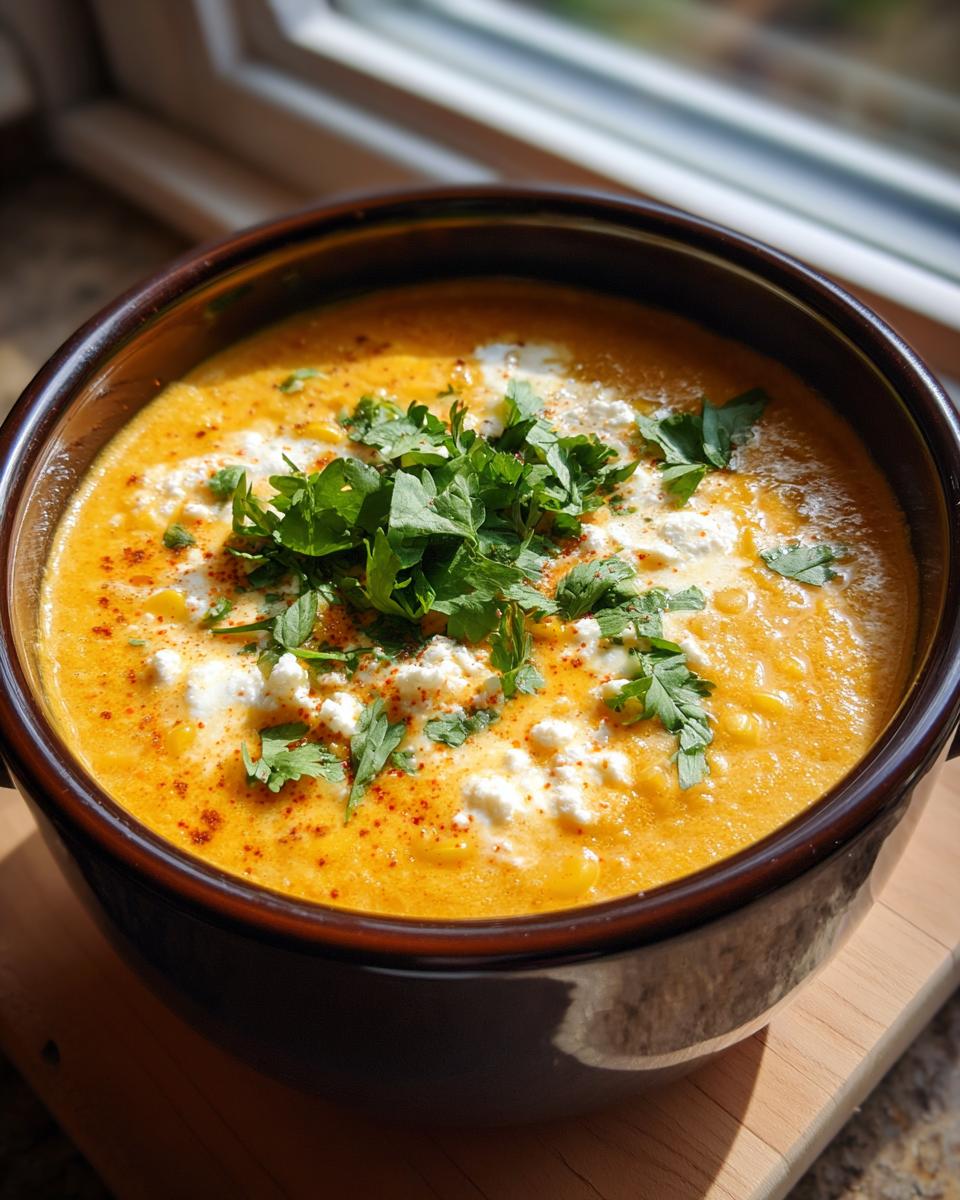 Close-up of a vibrant Mexican street corn soup topped with cotija cheese, cilantro, and chili powder.