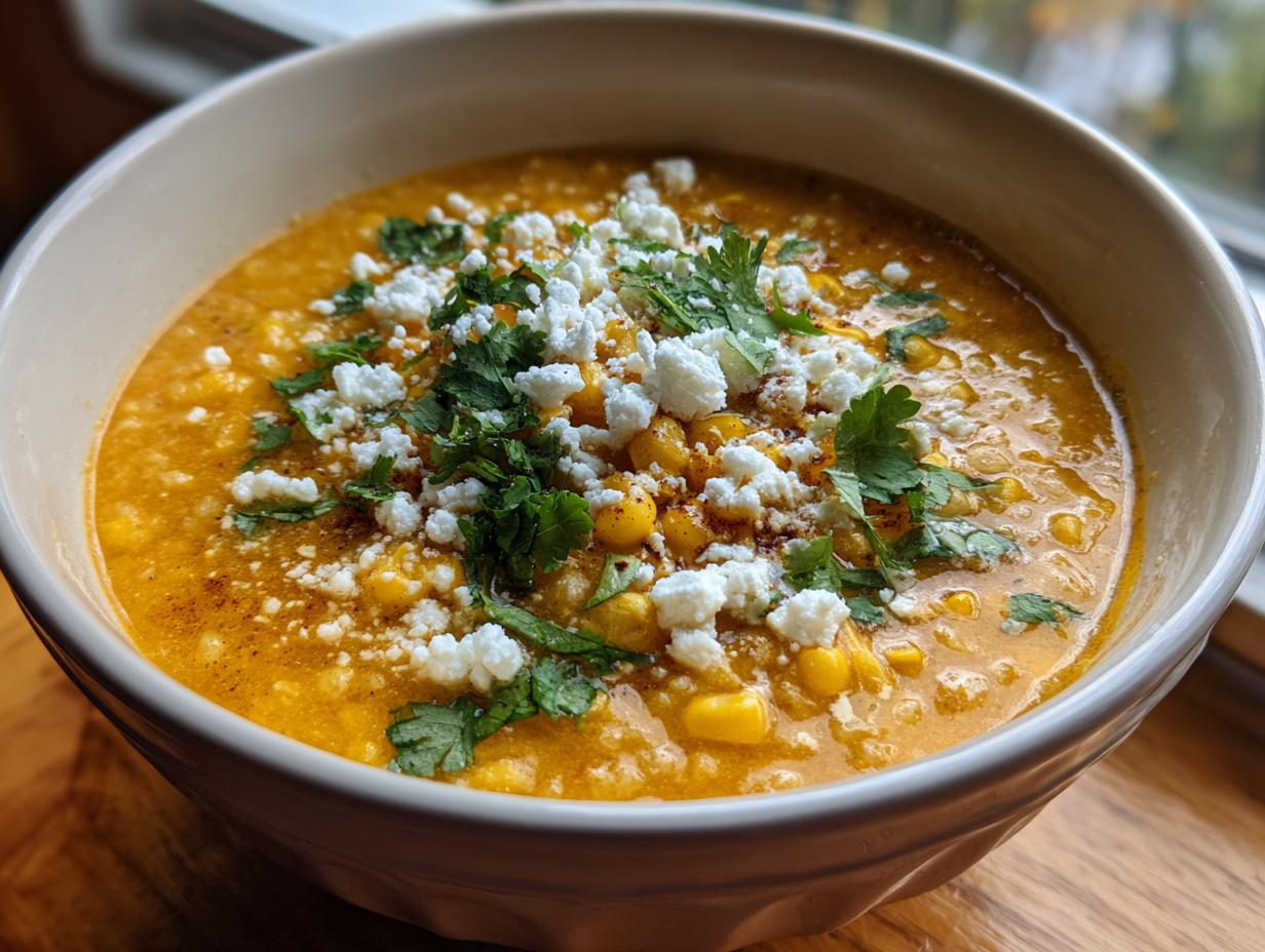 A close-up of a bowl of rich, orange Mexican street corn soup topped with crumbled white cheese and fresh cilantro.