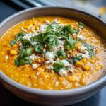 Close-up of a rich, orange Mexican street corn soup topped with crumbled white cheese, fresh cilantro, and chili powder.