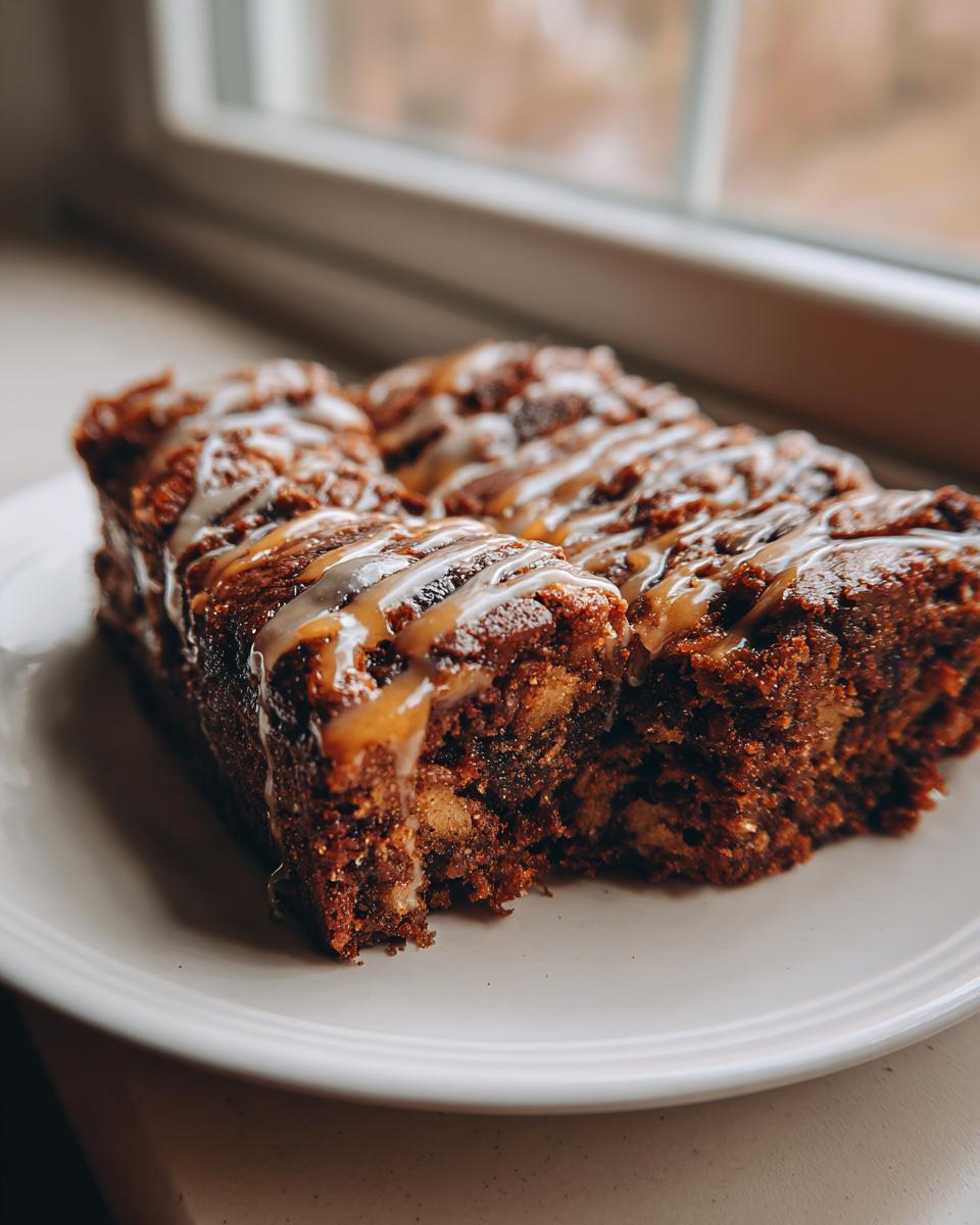 Close-up of rich, fudgy apple brownies drizzled with caramel and vanilla icing.