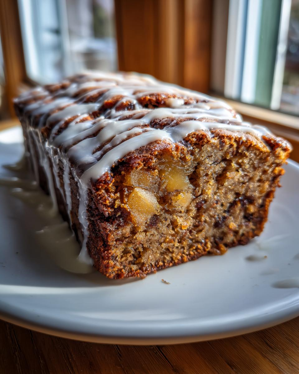 A close-up of a slice of moist apple brownies loaf drizzled with white icing, showing chunks of apple inside.