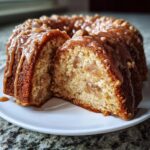 A slice cut from a moist apple bundt cake topped with a thick caramel glaze and nuts.