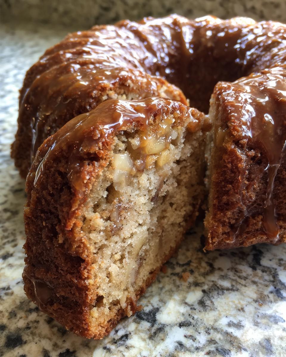 Close-up of a slice cut from a rich apple bundt cake, drizzled heavily with shiny caramel sauce.