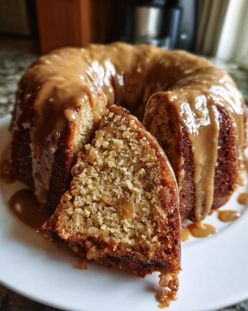 A slice cut from a moist apple bundt cake topped with a thick, dripping caramel glaze.