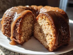 A moist apple bundt cake, drizzled with caramel sauce, cut in half to show the texture.