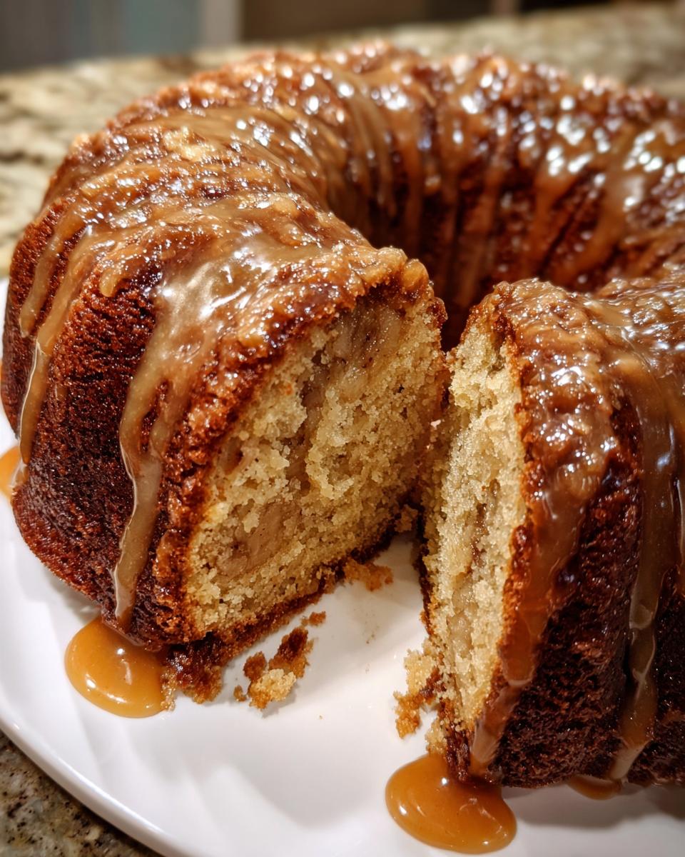 Close-up of a sliced apple bundt cake generously topped with a thick caramel glaze.