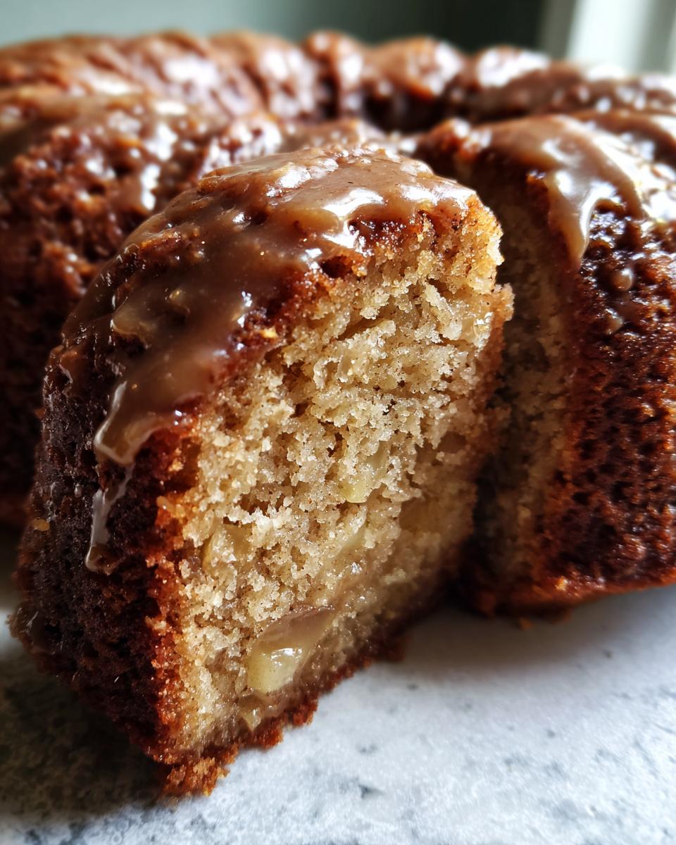 Close-up of a slice cut from a moist apple bundt cake, topped with a thick caramel glaze.
