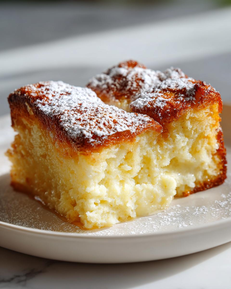 Close-up of two moist squares of baked french toast, dusted with powdered sugar, sitting on a light plate.