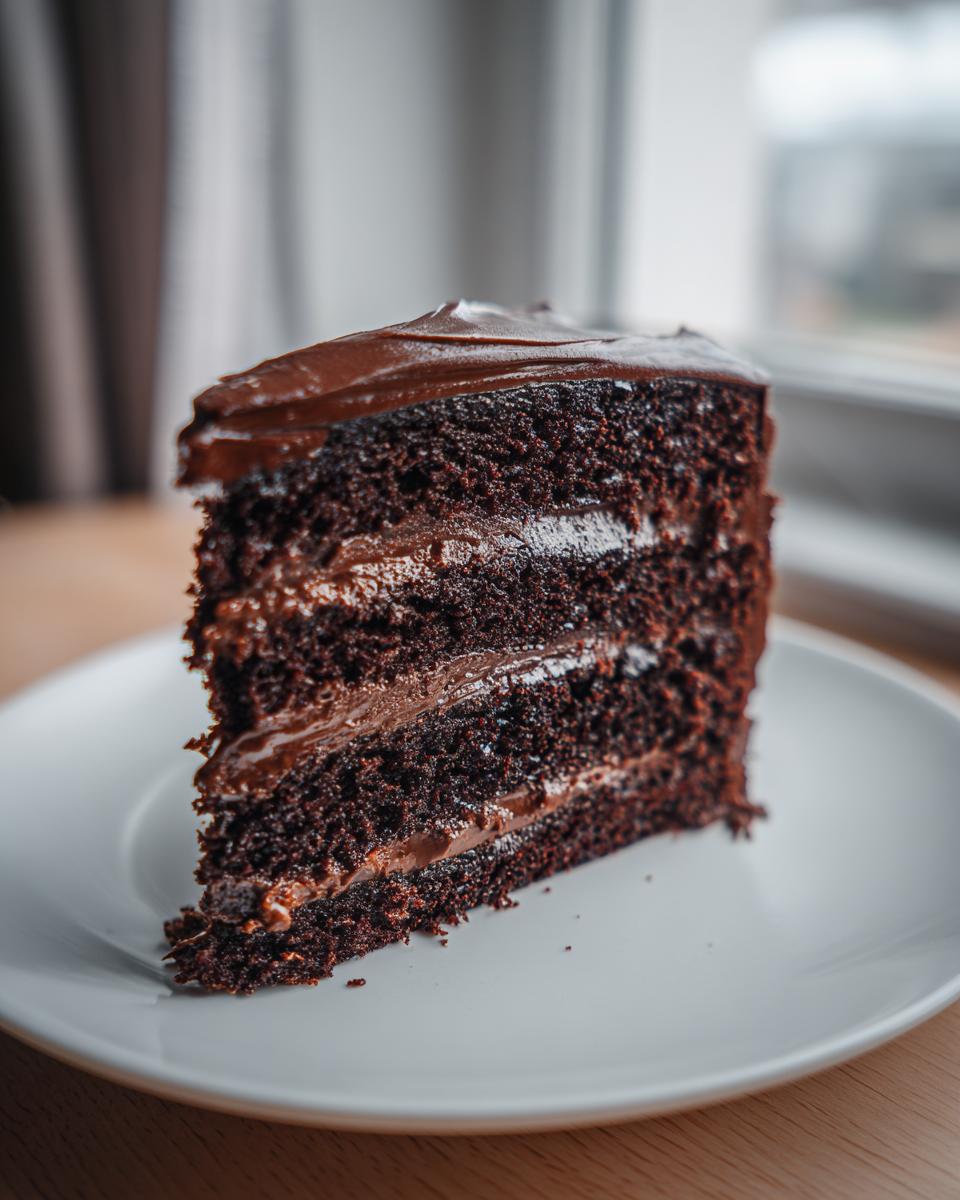 A tall, dark slice of moist chocolate cake with three layers and thick chocolate frosting.