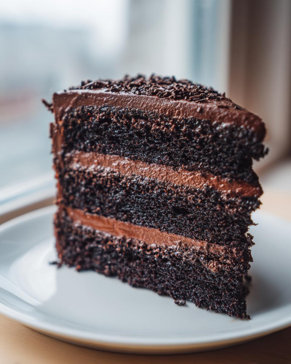 A tall, rich slice of moist chocolate cake layered with chocolate frosting and topped with sprinkles.