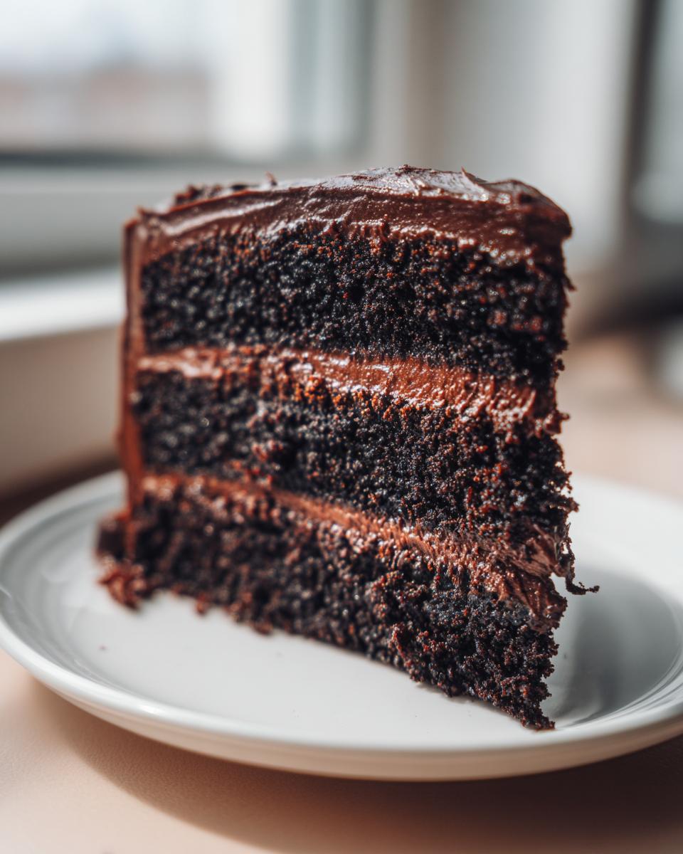 Close-up of a tall slice of moist chocolate cake with three layers and rich chocolate frosting.
